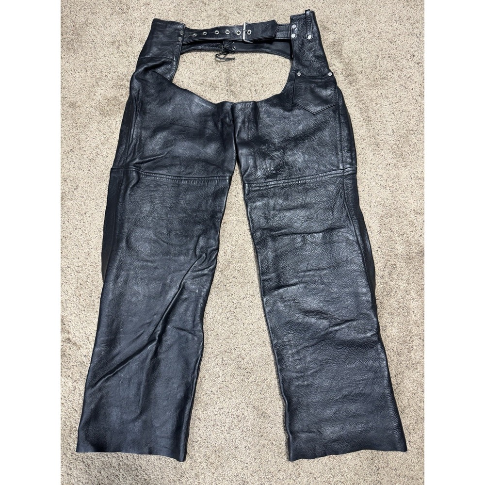 A-1 Leather Motorcycle Chaps Mens Large Black Riding Gear Biker Vintage 90s Y2K